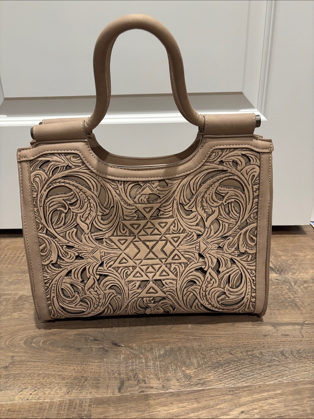 Trinity Ranch Taupe Laser-Cut Leather Tote Handbag
